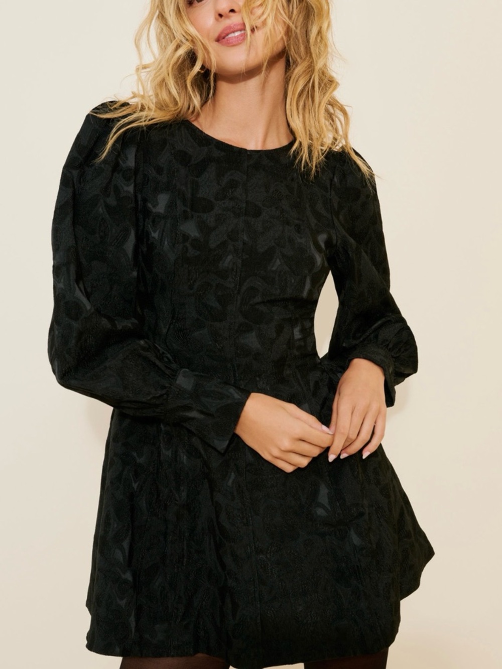 Isabel Jacquard Black Textured Mini Dress with Long Puff Sleeves